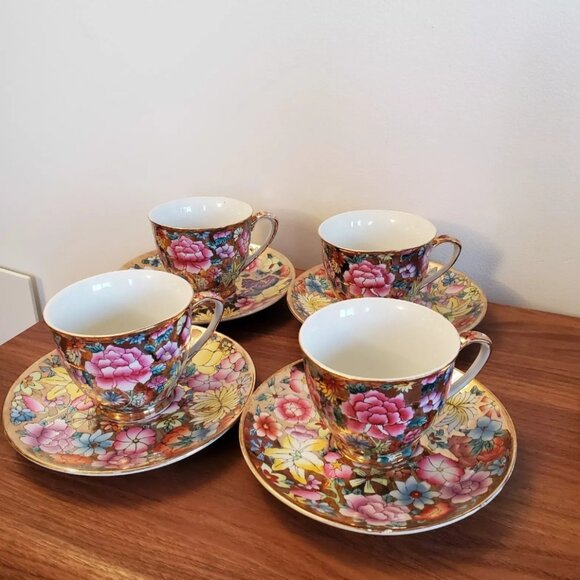 FLORAL Gold CHINTZ teacup and saucer set of 4 VINTAGE HANDMADE FIFTH AVENUE - Picture 1 of 5